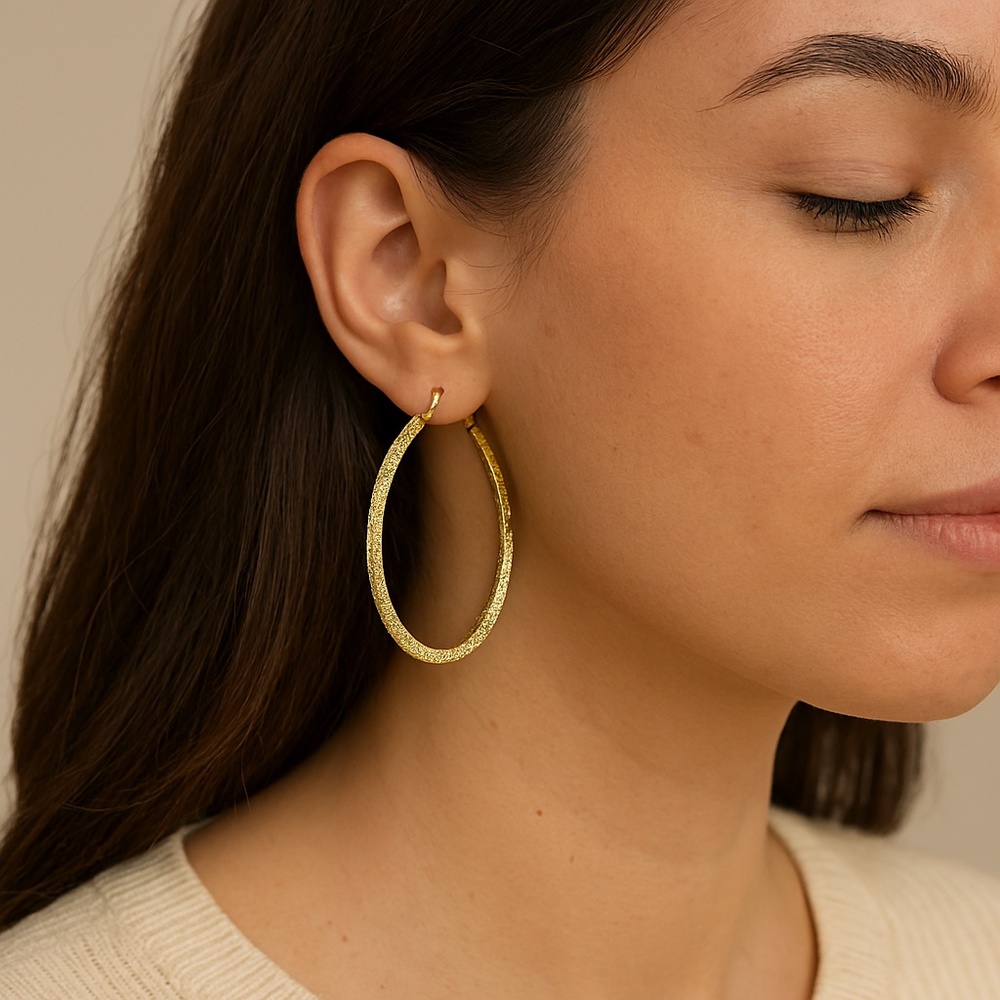 Hoop Earrings pierced gold glitter coated metal 1.5” diameter